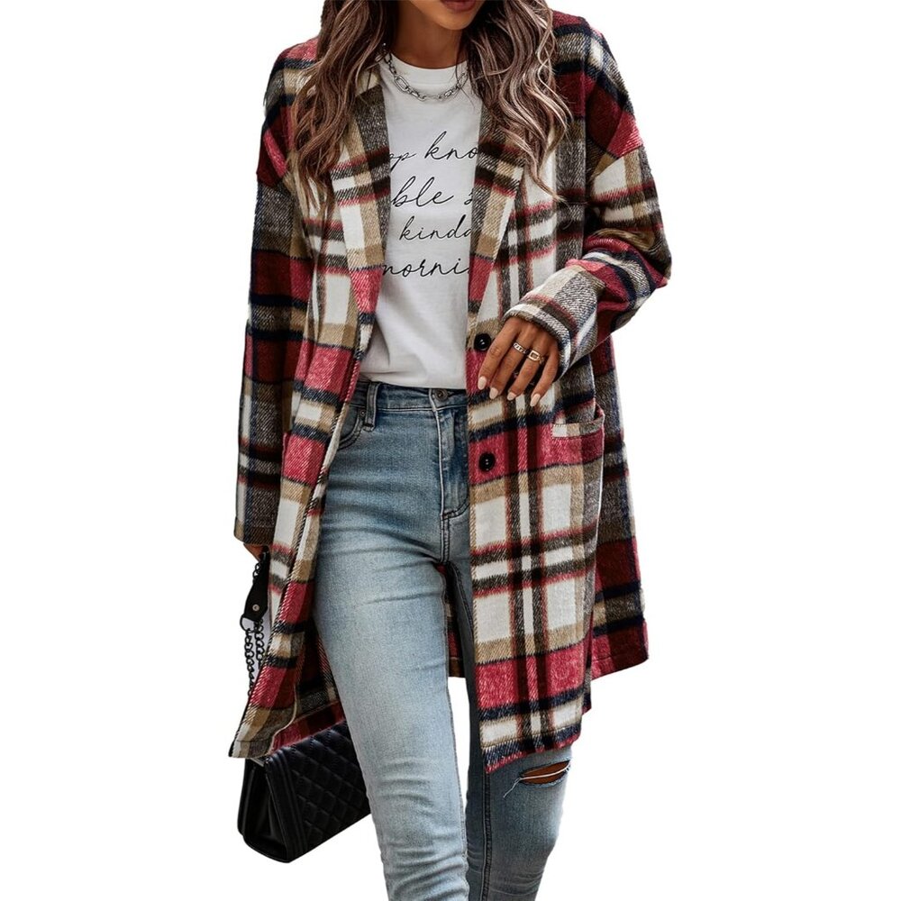 Women's Plaid Shacket Jacket Casual Button Wool Blend Winter Tartan Trench Coat